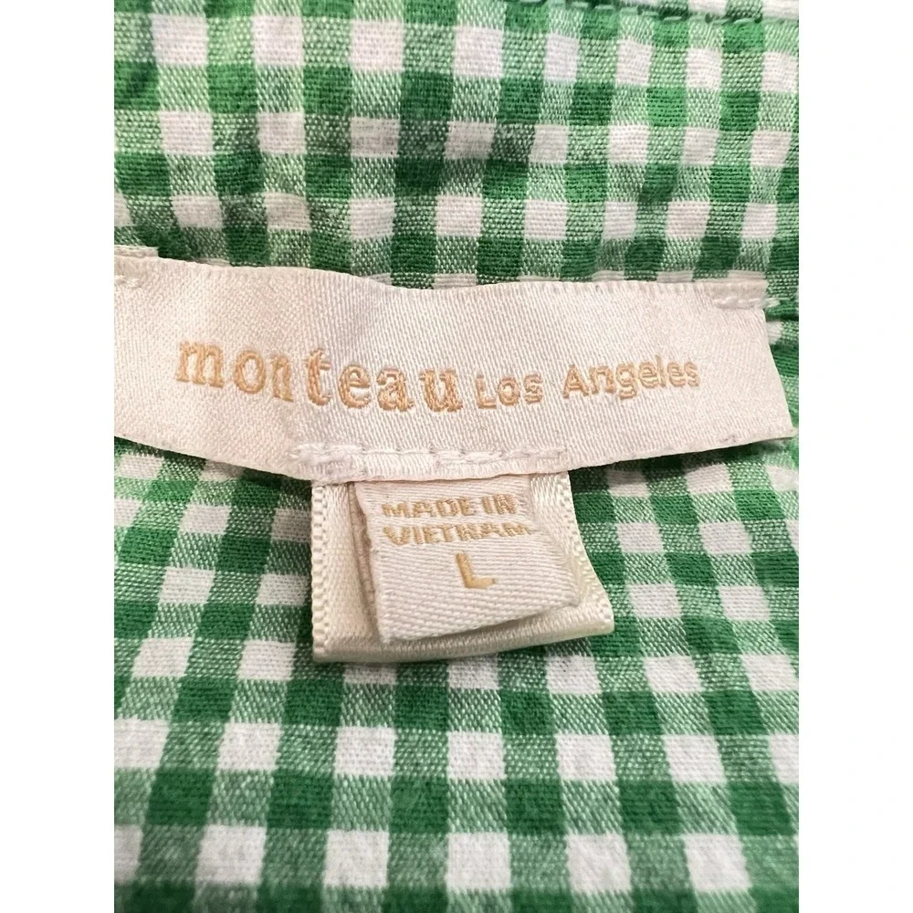 Monteau Los Angeles Girls Large Green Gingham Tiered Button Front Dress L